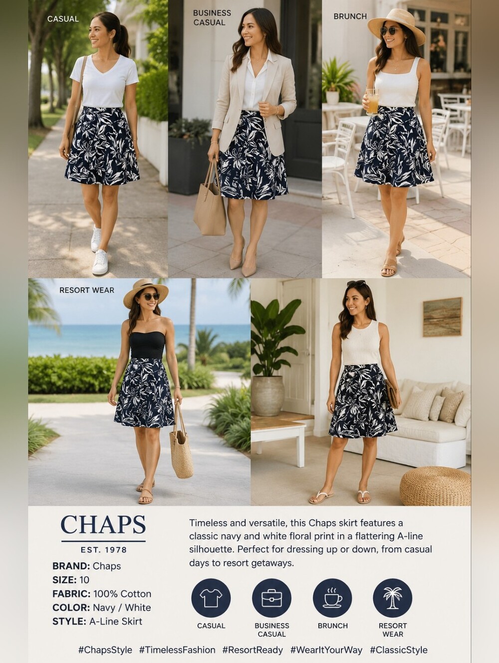 Chaps Size 10 Navy White Floral A-Line Skirt Cotton Preppy Brunch Resort Coastal